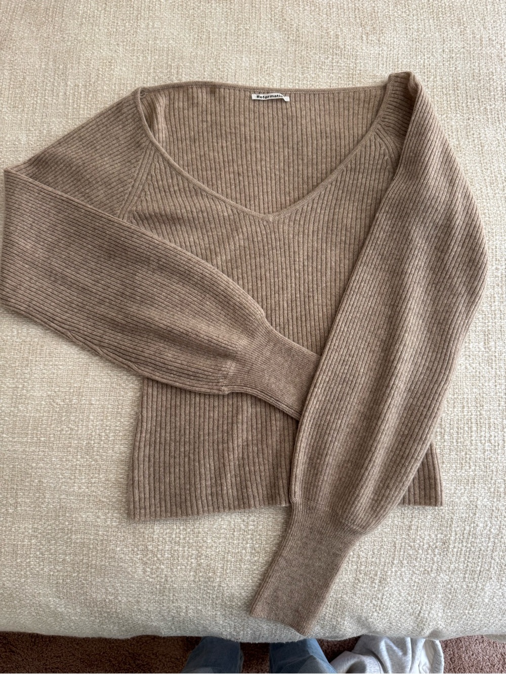 Reformation Ribbed V-Neck Sweater in Taupe